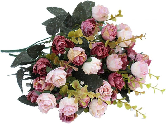 Doolitt Künstliche Rosen - 7 Zweige mit 21 realistisch aussehenden Kunstblumen für Hochzeiten und Heimdekoration (2 Stück in Pink)