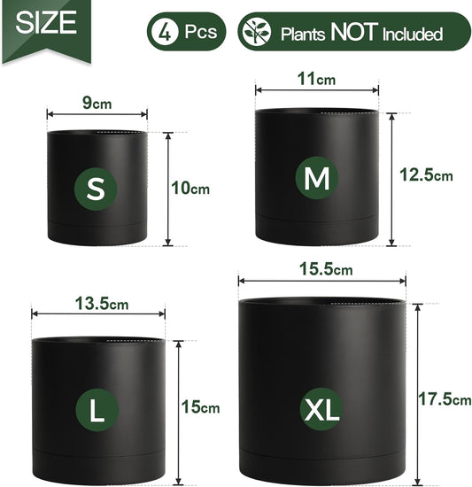T4U Set von 4 Kunststoff-Blumentöpfen mit mehreren Ablauflöchern, 10/12,5/15/17,5 cm, inkl. Untersetzer, runde Pflanzkübel für Innenräume und Balkone, ideal für Sukkulenten und Kakteen, Schwarz