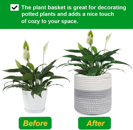 20 cm Indoor-Pflanzentopf mit Einsatz, Baumwollgewebter Aufbewahrungskorb für Zimmerpflanzen, Wäsche-Organizer und Heimdekoration (Weiß und Grau)