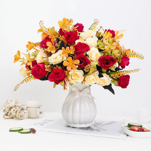 Künstliche Seidenrosen mit Vase - Hochwertige Blumenarrangements für Hochzeiten, Zuhause, Büro, Partys und Besprechungsräume (Rot-1)