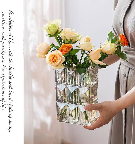 20 cm Crystal Glass Vase, Thick Clear Glass Flower Vase, Large Square Decorative Vase for Modern Farmhouse Centerpiece, Home Room Decor (Amber)