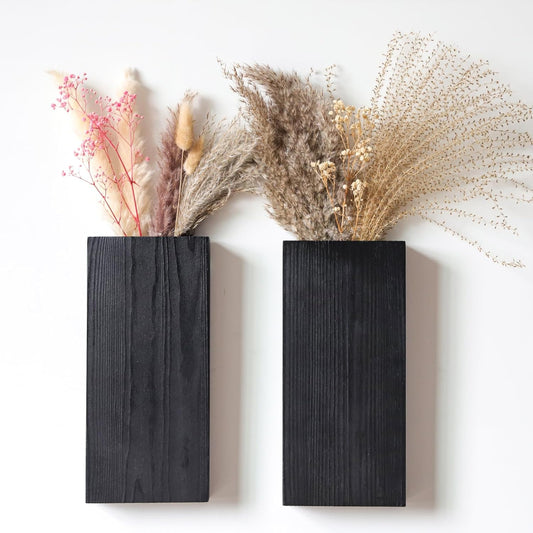 Set of 2 Wooden Wall Planter Vases with Artificial Green Plants for Indoor Decoration - Modern Farmhouse Style Wall Decor for Living Room, Bedroom, Kitchen, and Home Office (Black)