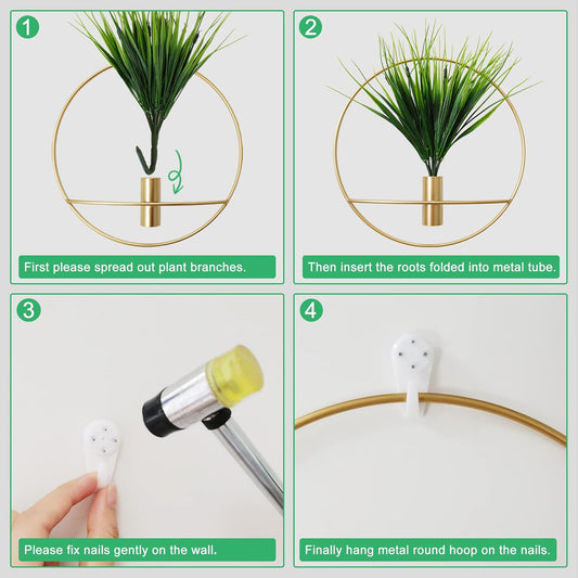 SAJANDAS Set von 2 Künstlichen Pflanzen mit Rundem Goldenen Metall-Hängerahmen für Wanddekoration - Moderne Kunstpflanzen für stilvolle Heimgestaltung