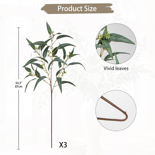 3PCS Kunststoff Pflanzen Künstliche Eukalyptusblätter Grün, 34'' Langer Stiel Gefälschte Eukalyptuszweige Mit Früchten, Faux Greenery Arrangement Für Frühlingsdekoration, Heimdekoration, Vase Dekor