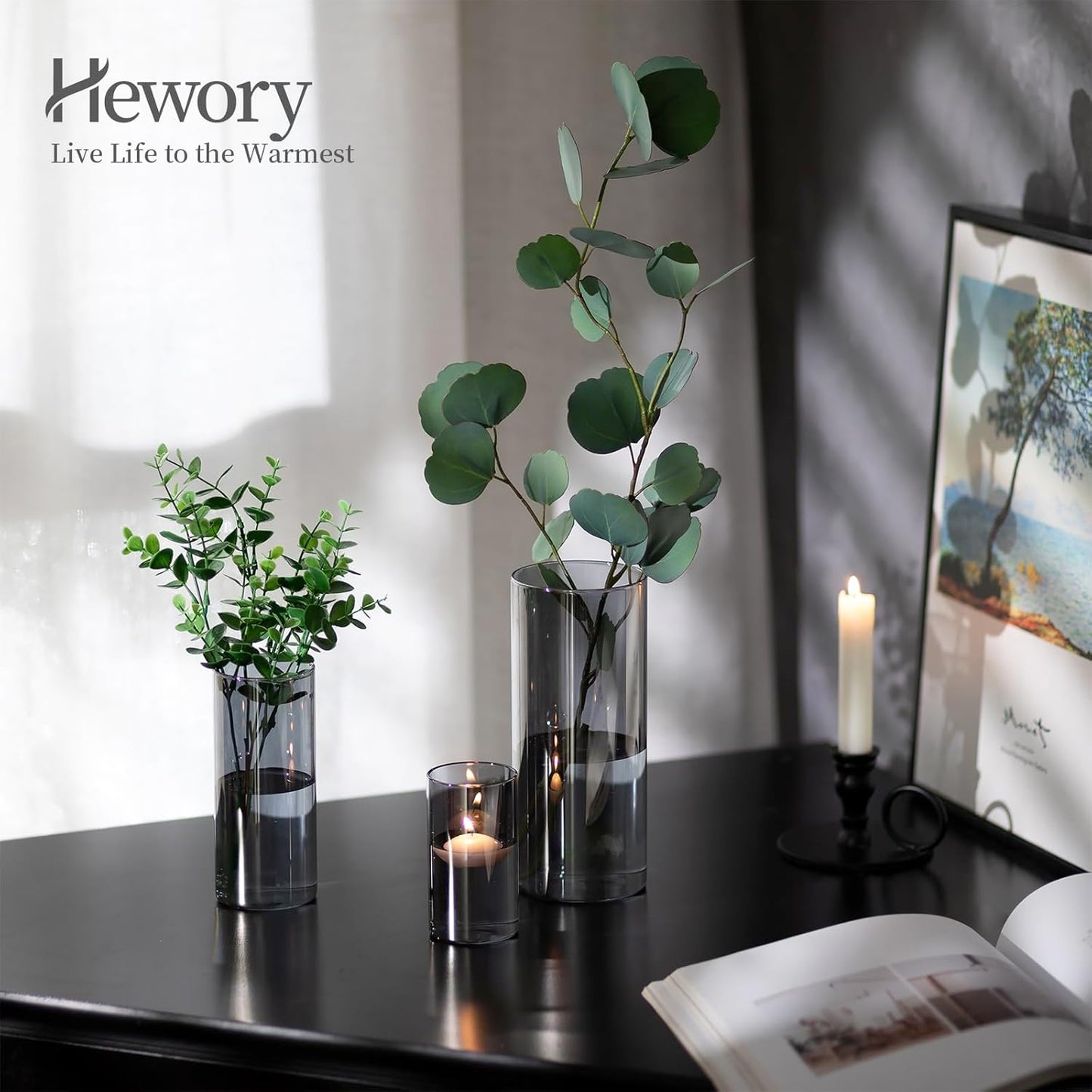 Hewory Black Vase Set: Elegant Modern Glass Vases for Table Decoration - Stylish Cylinder Vases for Home Décor and Gift Ideas