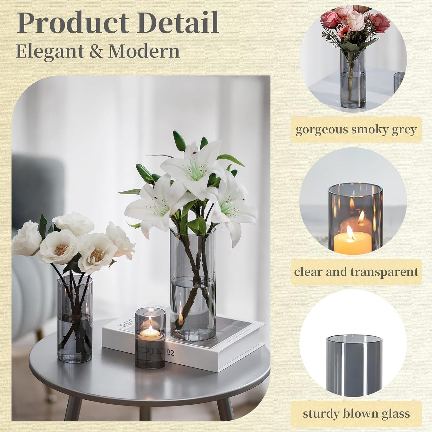 Hewory Black Vase Set: Elegant Modern Glass Vases for Table Decoration - Stylish Cylinder Vases for Home Décor and Gift Ideas