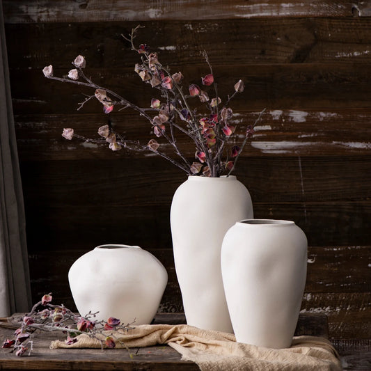 Nordic Vintage White Ceramic Flower Vase Set - 3 Pieces Home Decor Table Decoration