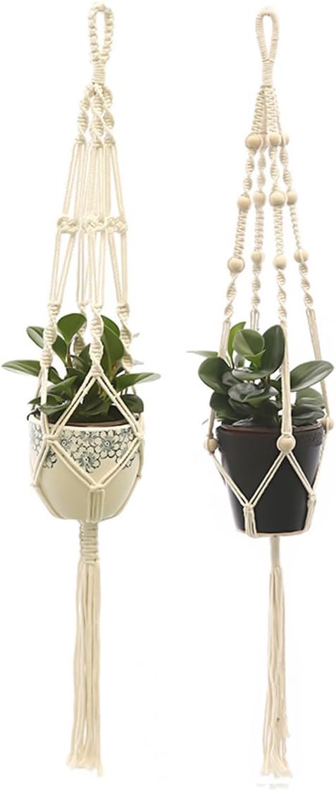 Set of 2 Macrame Plant Hangers with Metal Ring - Wall-Mounted Planter Baskets for Indoor and Outdoor Use, Vintage-Inspired Cotton Rope Design, 41 Inches with 4 Legs