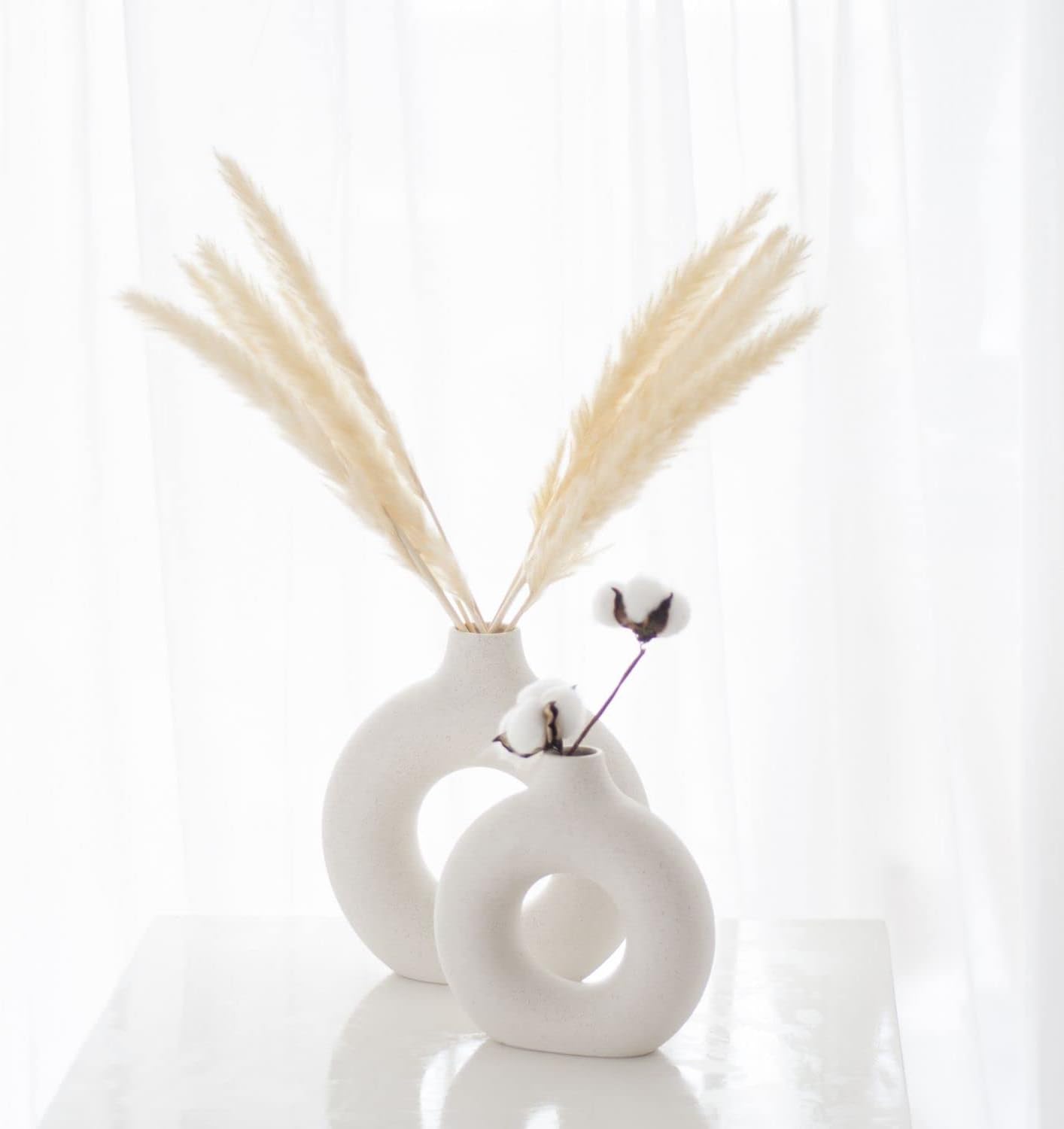 CEMABT Handcrafted Ceramic Vase Set for Dried Flowers, White and Beige, Elegant Office Decor Accessories
