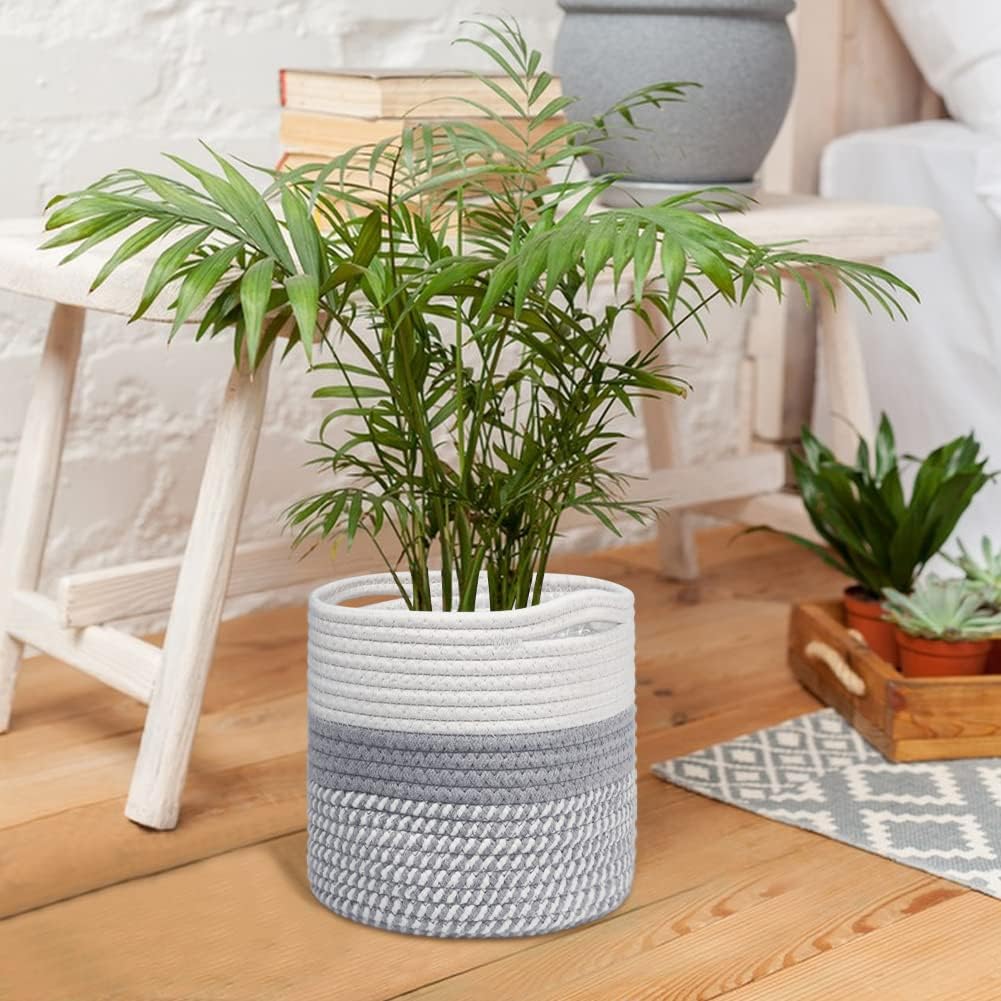 20 cm Indoor-Pflanzentopf mit Einsatz, Baumwollgewebter Aufbewahrungskorb für Zimmerpflanzen, Wäsche-Organizer und Heimdekoration (Weiß und Grau)