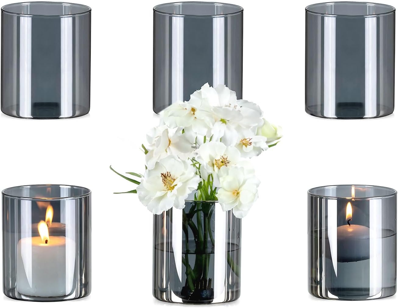 Glasseam Graue Glaszylinder Vasen für Tischdekoration: 6 Elegante Vasen für Wohnzimmer, Küche und Esstisch - Modernes Vasen-Set für Blumen, Tulpen und Rosen