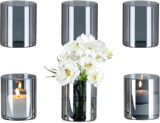 Glasseam Graue Glaszylinder Vasen für Tischdekoration: 6 Elegante Vasen für Wohnzimmer, Küche und Esstisch - Modernes Vasen-Set für Blumen, Tulpen und Rosen