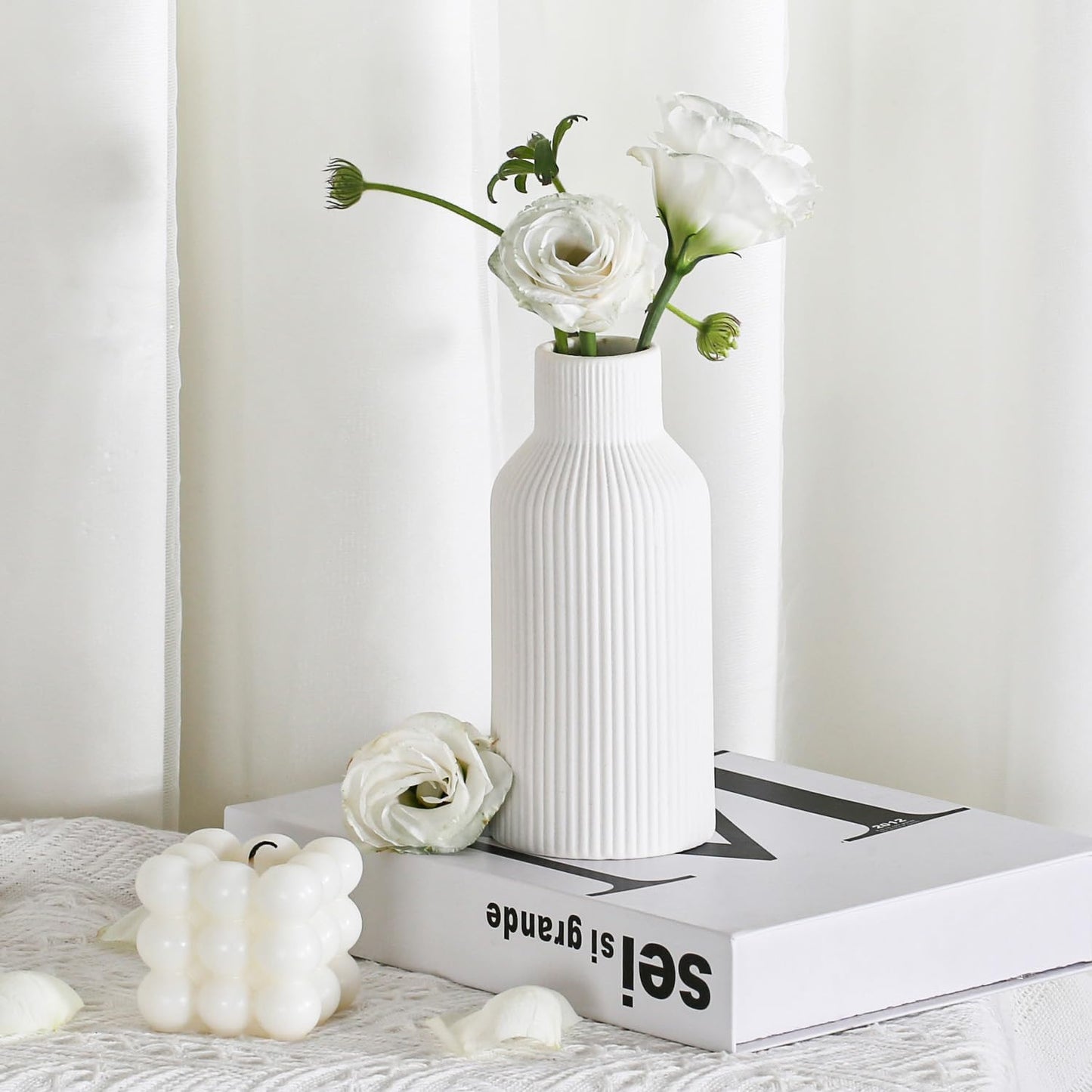 Keramikvase für Pampasgras, 20 cm, Matt Weiß, Rundes Modernes Design, Boho-Dekoration für Wohn- und Schlafzimmer im Nordic Stil