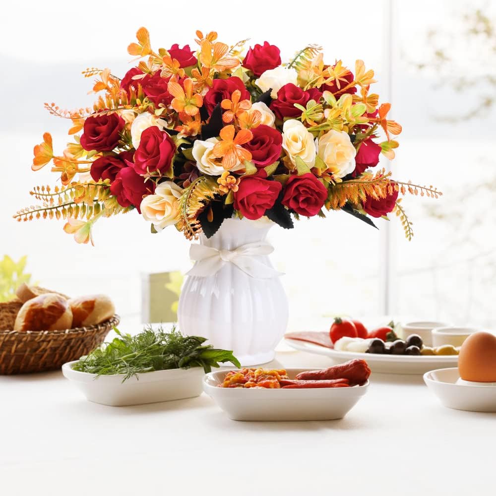 Künstliche Seidenrosen mit Vase - Hochwertige Blumenarrangements für Hochzeiten, Zuhause, Büro, Partys und Besprechungsräume (Rot-1)