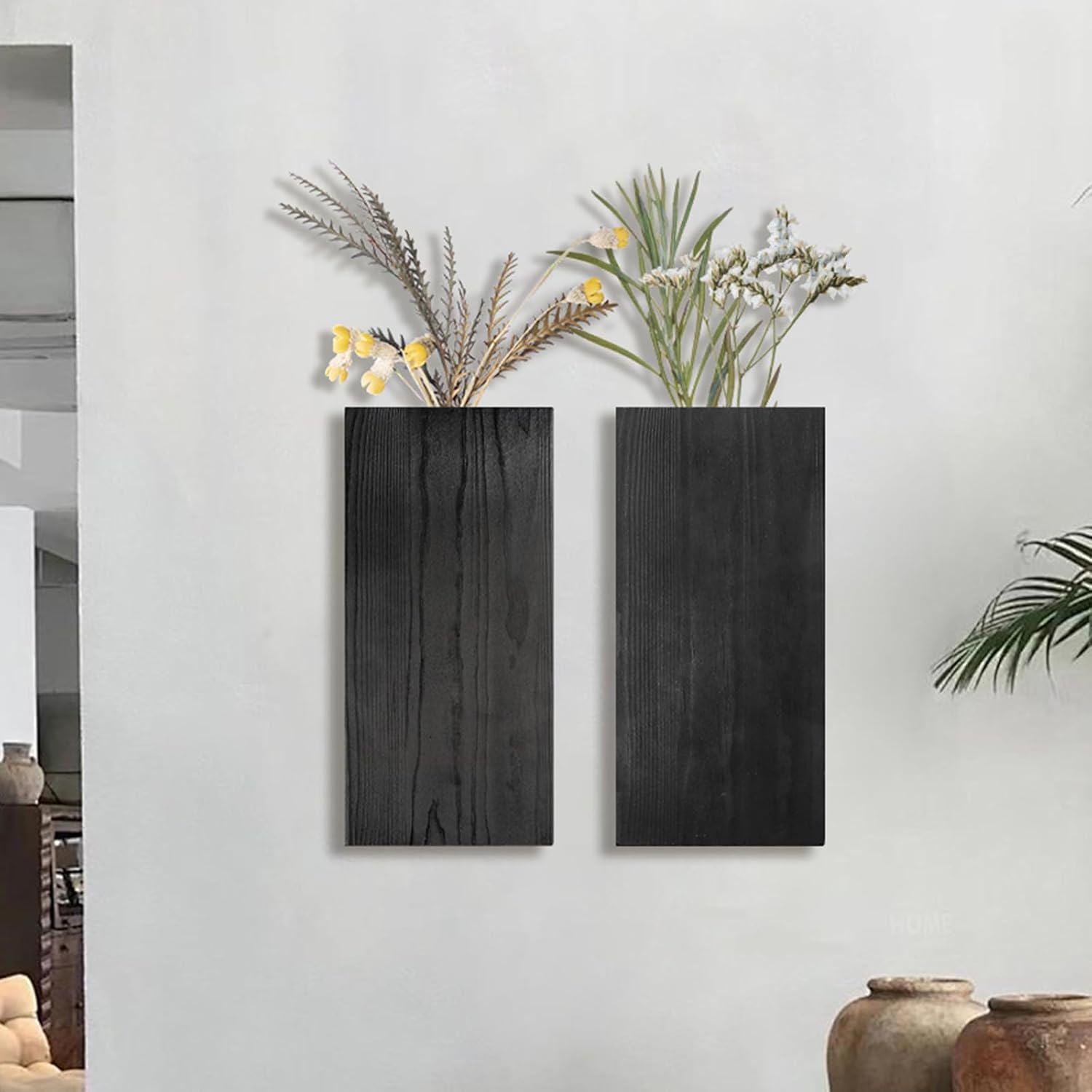 Set of 2 Wooden Wall Planter Vases with Artificial Green Plants for Indoor Decoration - Modern Farmhouse Style Wall Decor for Living Room, Bedroom, Kitchen, and Home Office (Black)