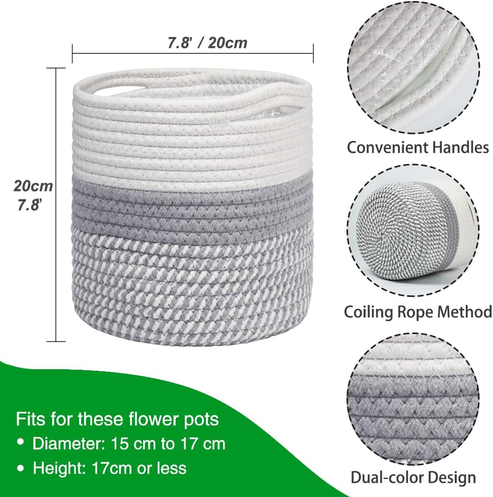 20 cm Indoor-Pflanzentopf mit Einsatz, Baumwollgewebter Aufbewahrungskorb für Zimmerpflanzen, Wäsche-Organizer und Heimdekoration (Weiß und Grau)