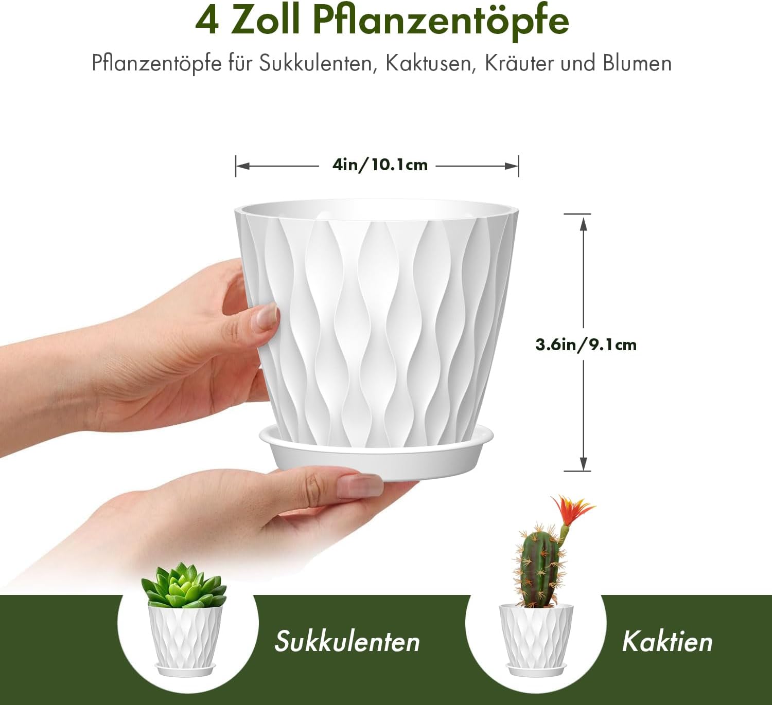 6-Piece Set of 10cm Planters with Saucer - Plastic Pots with Drainage Holes for Herbs and Succulents, Suitable for Indoor and Outdoor Use, Ideal for Balconies and Gardens, White