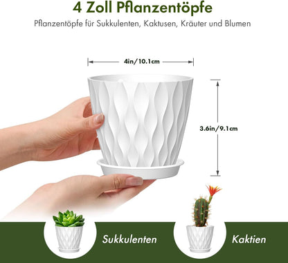 6-Piece Set of 10cm Planters with Saucer - Plastic Pots with Drainage Holes for Herbs and Succulents, Suitable for Indoor and Outdoor Use, Ideal for Balconies and Gardens, White