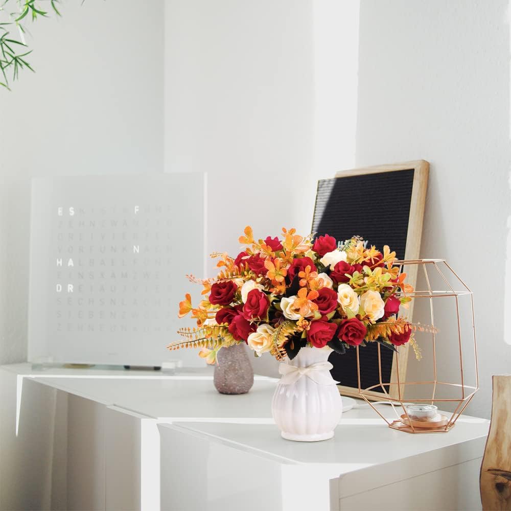 Künstliche Seidenrosen mit Vase - Hochwertige Blumenarrangements für Hochzeiten, Zuhause, Büro, Partys und Besprechungsräume (Rot-1)