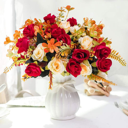 Künstliche Seidenrosen mit Vase - Hochwertige Blumenarrangements für Hochzeiten, Zuhause, Büro, Partys und Besprechungsräume (Rot-1)