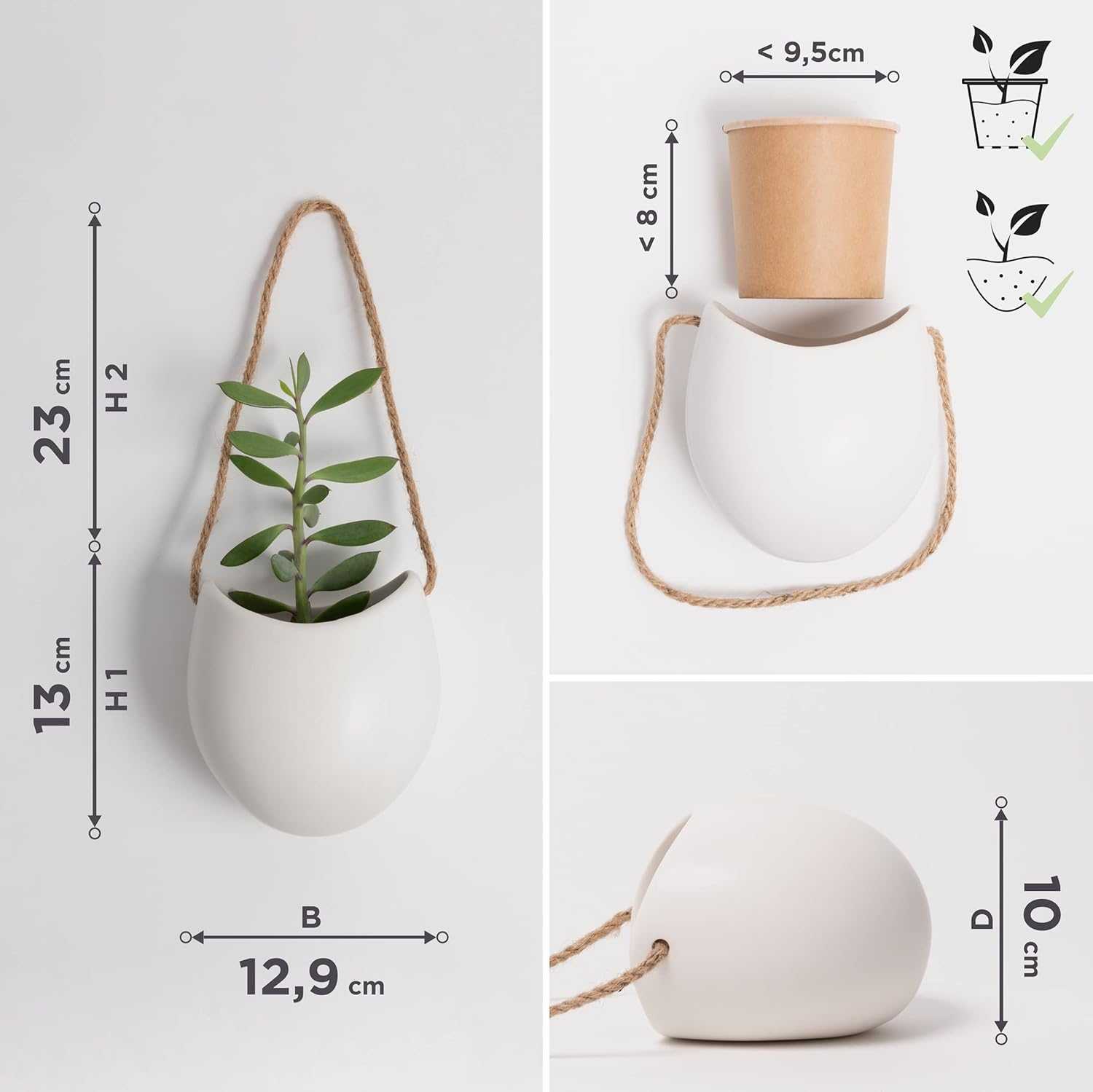 Kazai Wand Vases - Ellie | Set of 3 Hanging Ceramic Planters | Wall Decor for Indoor, Balcony, and Garden | Matte White Finish