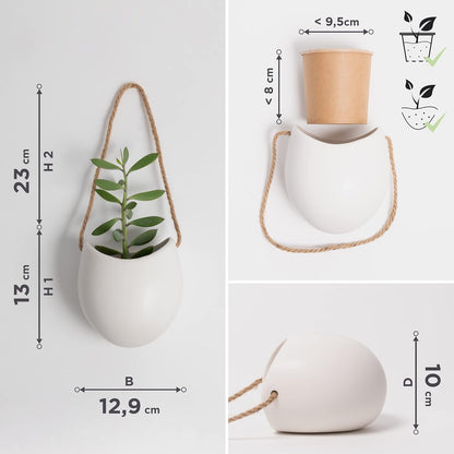 Kazai Wand Vases - Ellie | Set of 3 Hanging Ceramic Planters | Wall Decor for Indoor, Balcony, and Garden | Matte White Finish