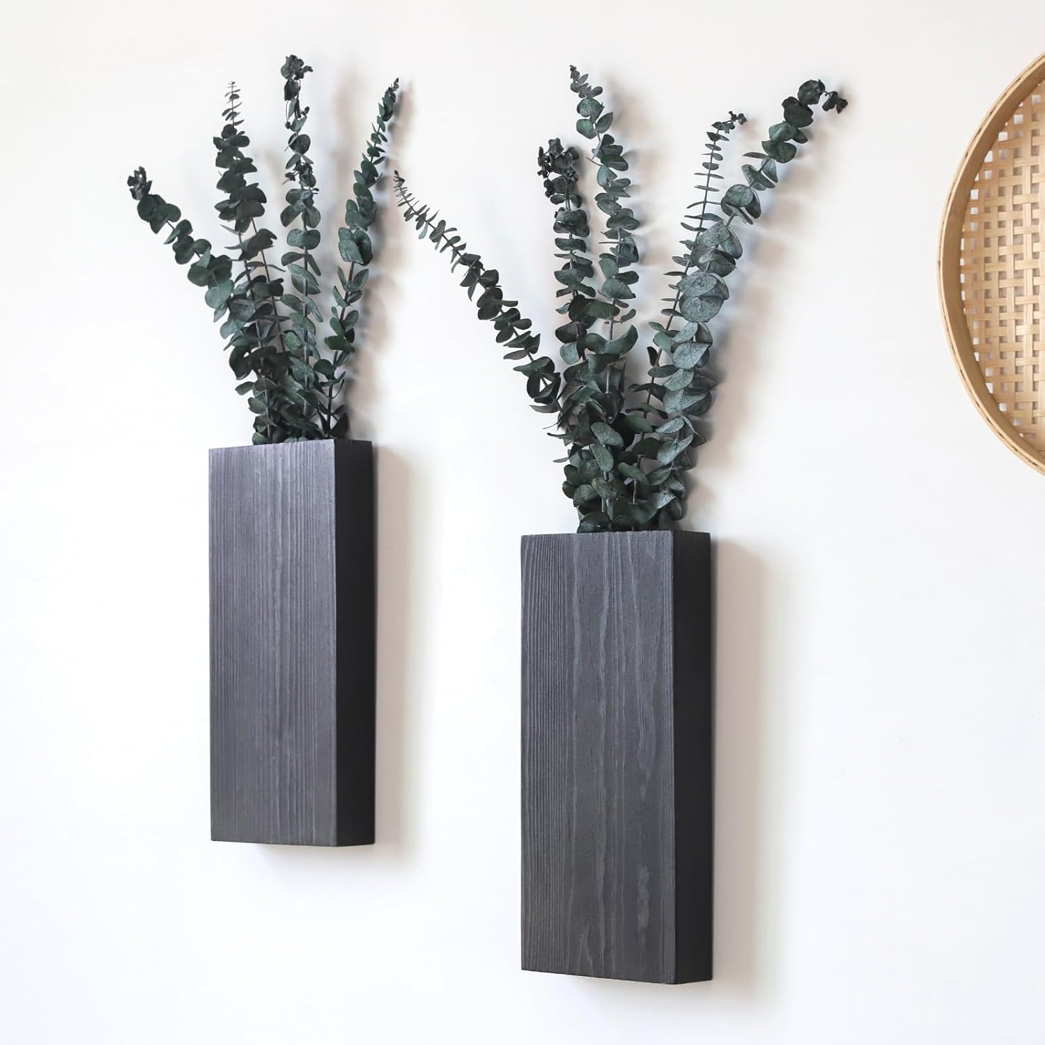 Set of 2 Wooden Wall Planter Vases with Artificial Green Plants for Indoor Decoration - Modern Farmhouse Style Wall Decor for Living Room, Bedroom, Kitchen, and Home Office (Black)