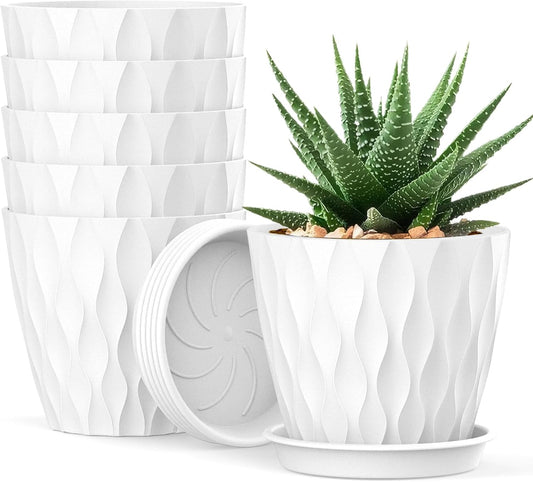 6-Piece Set of 10cm Planters with Saucer - Plastic Pots with Drainage Holes for Herbs and Succulents, Suitable for Indoor and Outdoor Use, Ideal for Balconies and Gardens, White