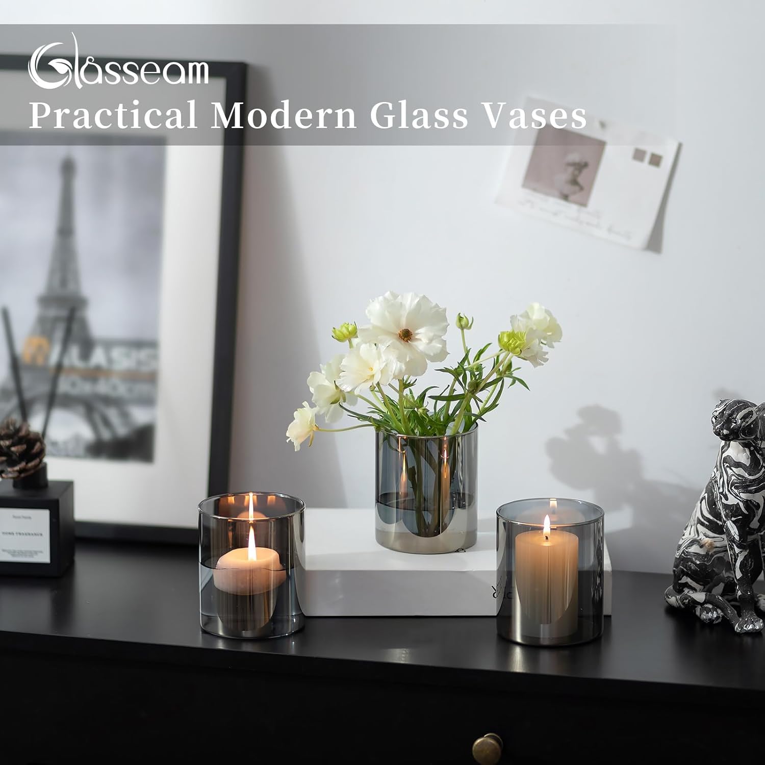 Glasseam Graue Glaszylinder Vasen für Tischdekoration: 6 Elegante Vasen für Wohnzimmer, Küche und Esstisch - Modernes Vasen-Set für Blumen, Tulpen und Rosen