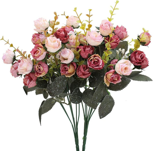 Doolitt Künstliche Rosen - 7 Zweige mit 21 realistisch aussehenden Kunstblumen für Hochzeiten und Heimdekoration (2 Stück in Pink)