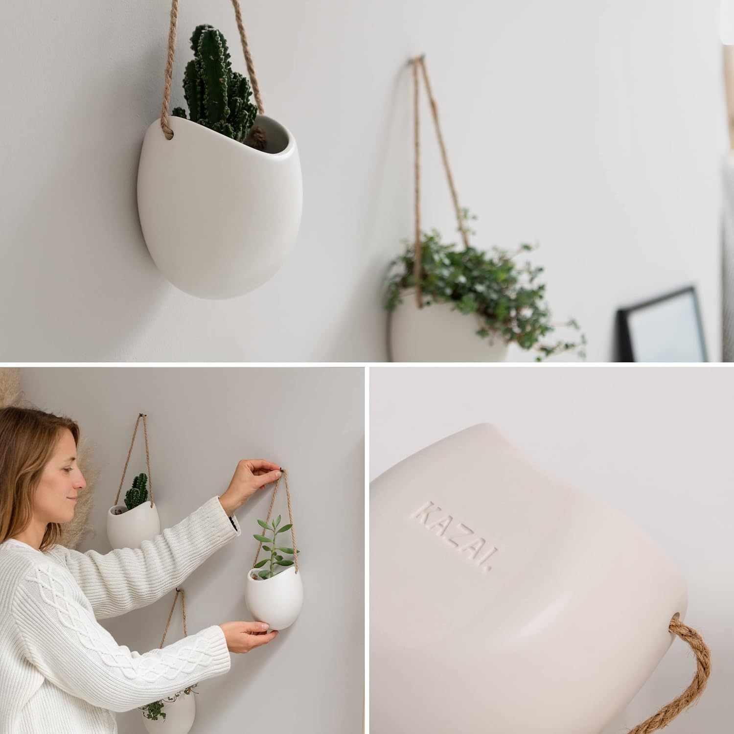 Kazai Wand Vases - Ellie | Set of 3 Hanging Ceramic Planters | Wall Decor for Indoor, Balcony, and Garden | Matte White Finish