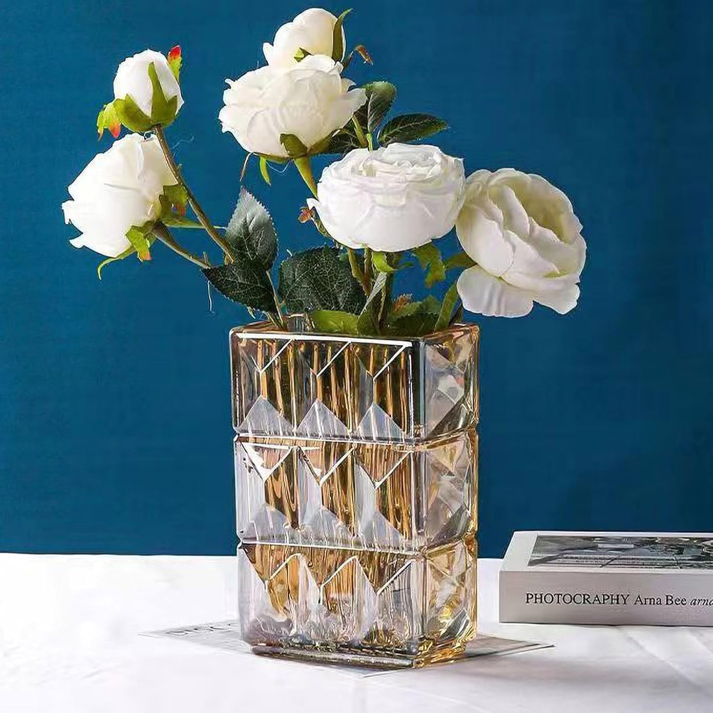 20 cm Crystal Glass Vase, Thick Clear Glass Flower Vase, Large Square Decorative Vase for Modern Farmhouse Centerpiece, Home Room Decor (Amber)