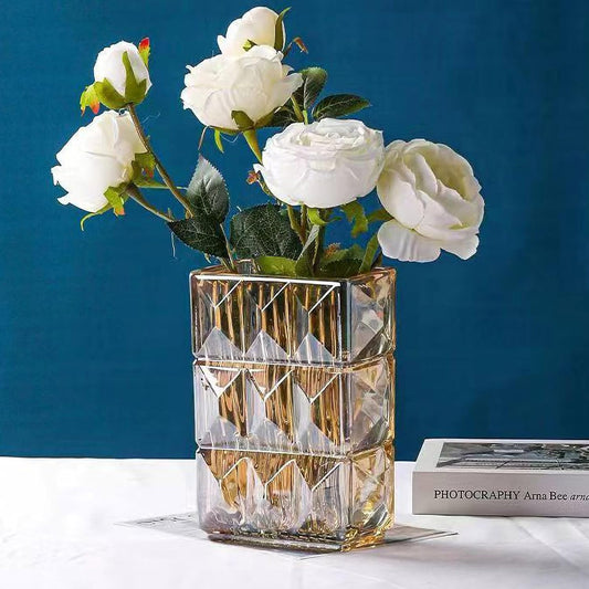 20 cm Crystal Glass Vase, Thick Clear Glass Flower Vase, Large Square Decorative Vase for Modern Farmhouse Centerpiece, Home Room Decor (Amber)