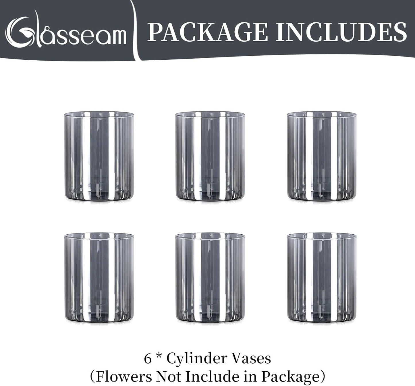 Glasseam Graue Glaszylinder Vasen für Tischdekoration: 6 Elegante Vasen für Wohnzimmer, Küche und Esstisch - Modernes Vasen-Set für Blumen, Tulpen und Rosen