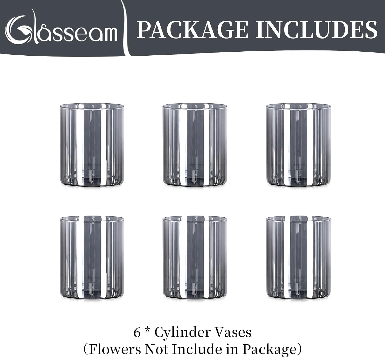 Glasseam Graue Glaszylinder Vasen für Tischdekoration: 6 Elegante Vasen für Wohnzimmer, Küche und Esstisch - Modernes Vasen-Set für Blumen, Tulpen und Rosen