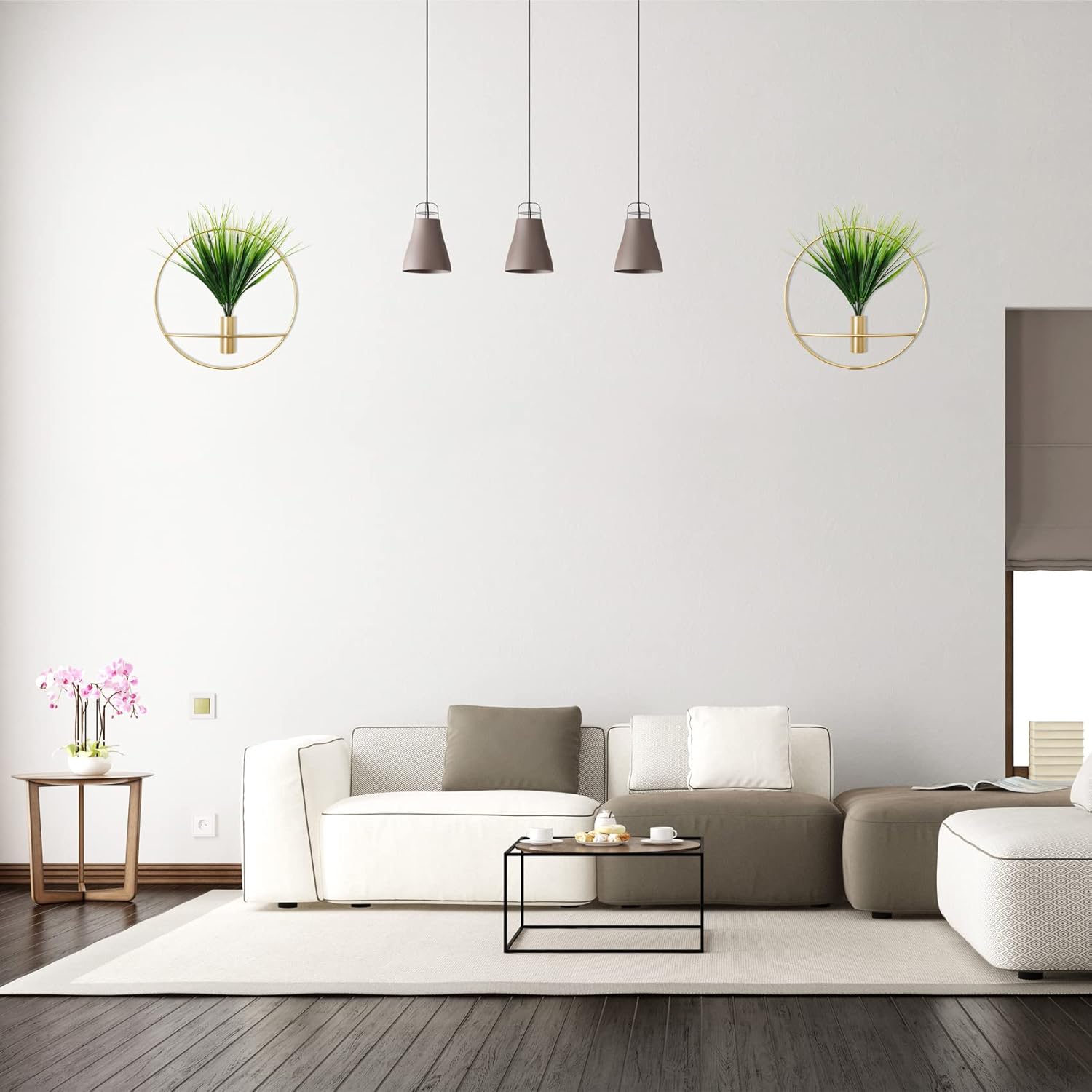 SAJANDAS Set von 2 Künstlichen Pflanzen mit Rundem Goldenen Metall-Hängerahmen für Wanddekoration - Moderne Kunstpflanzen für stilvolle Heimgestaltung
