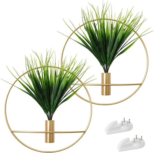 SAJANDAS Set von 2 Künstlichen Pflanzen mit Rundem Goldenen Metall-Hängerahmen für Wanddekoration - Moderne Kunstpflanzen für stilvolle Heimgestaltung