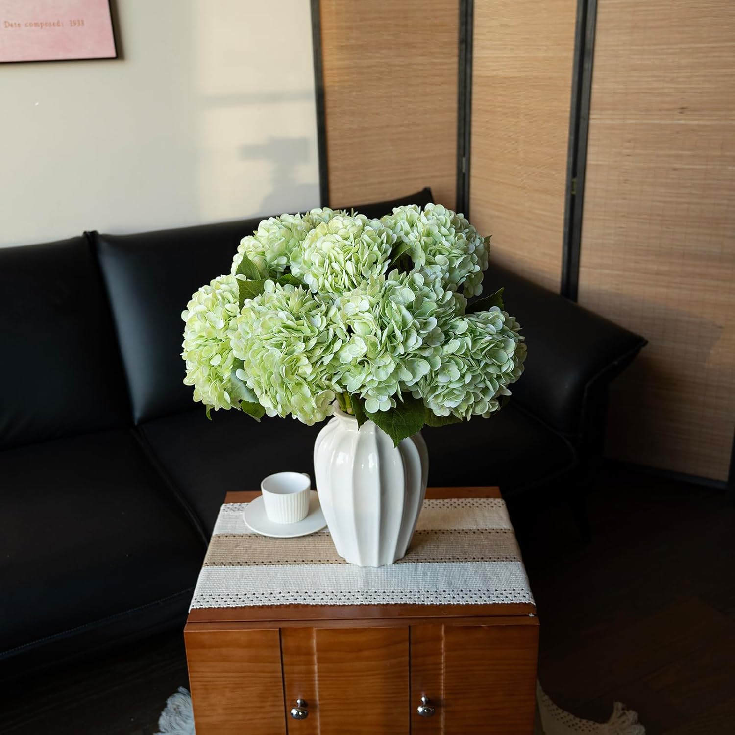 Set of 3 Large 56 cm Realistic Artificial Hydrangeas - Premium Touch Faux Flowers for Weddings, Christmas, Office, Family Gatherings, and Living Room Table Decorations (Light Green)