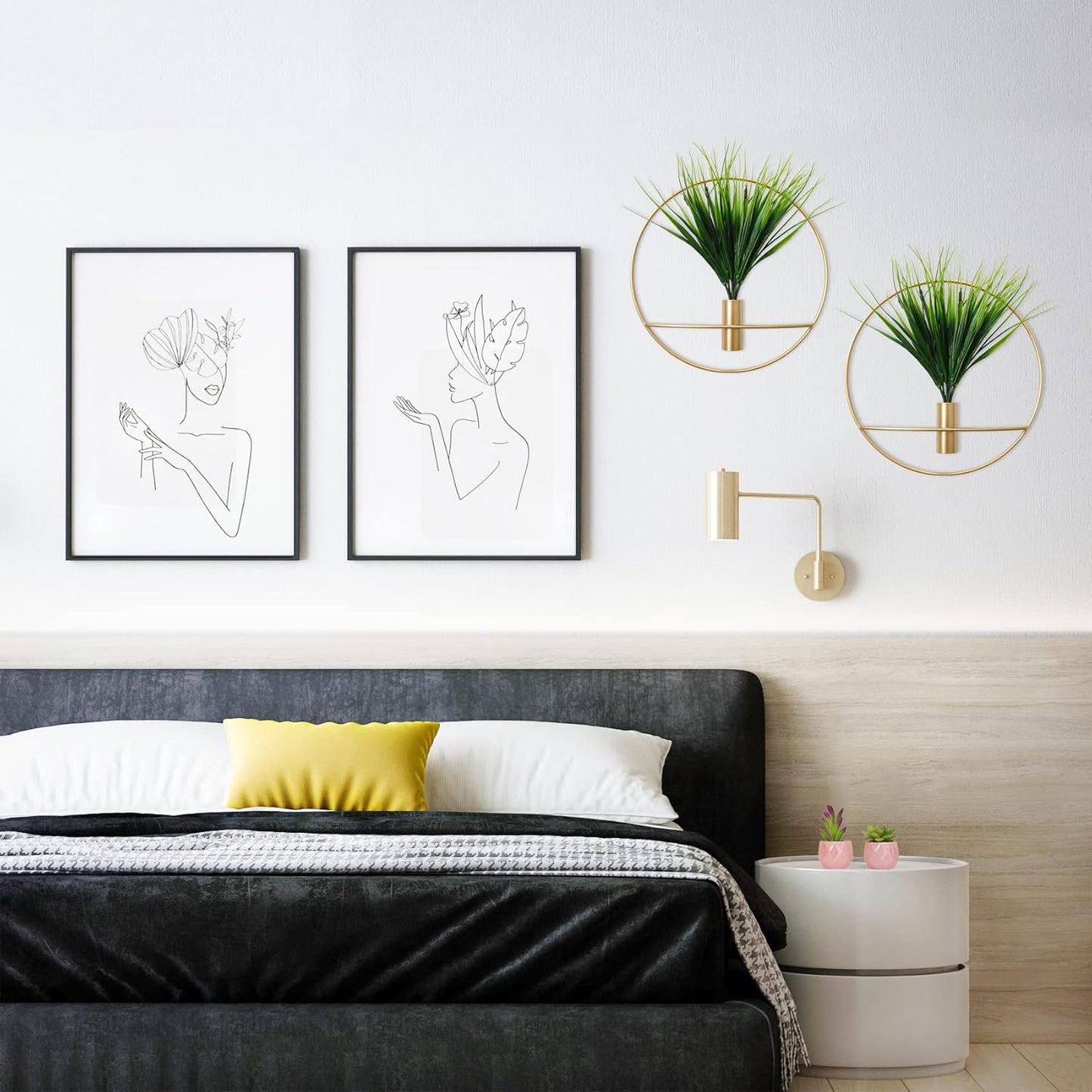 SAJANDAS Set von 2 Künstlichen Pflanzen mit Rundem Goldenen Metall-Hängerahmen für Wanddekoration - Moderne Kunstpflanzen für stilvolle Heimgestaltung
