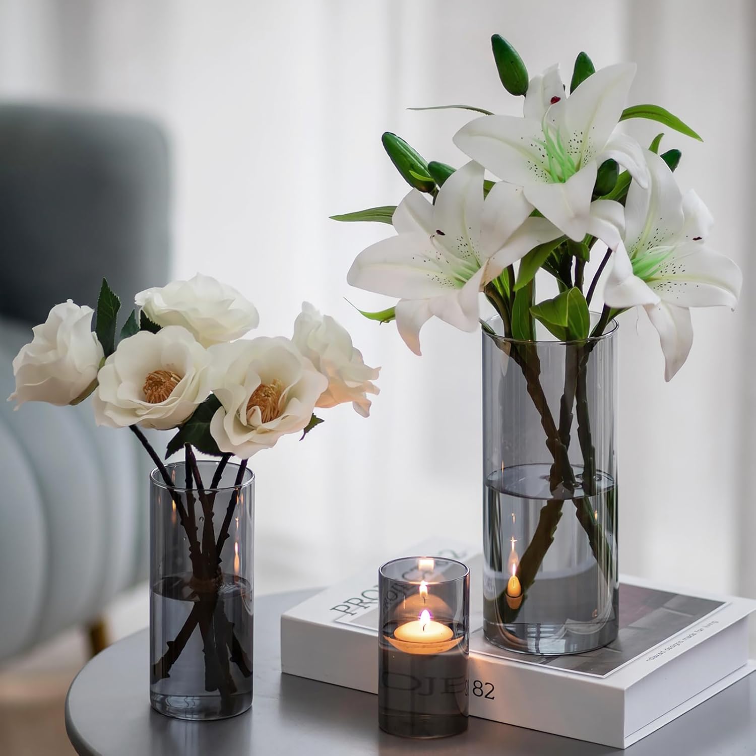Hewory Black Vase Set: Elegant Modern Glass Vases for Table Decoration - Stylish Cylinder Vases for Home Décor and Gift Ideas