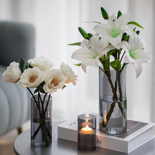 Hewory Black Vase Set: Elegant Modern Glass Vases for Table Decoration - Stylish Cylinder Vases for Home Décor and Gift Ideas