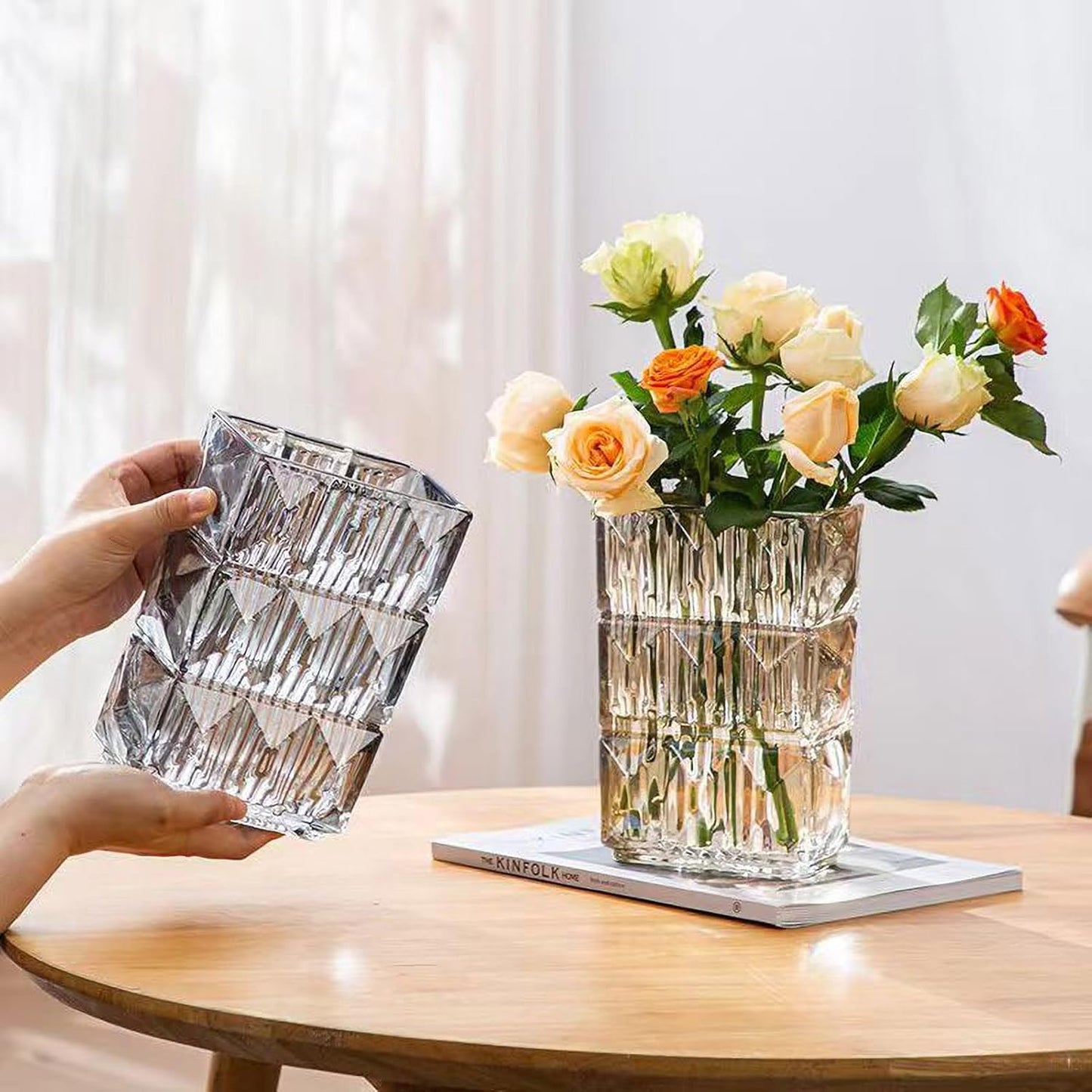 20 cm Crystal Glass Vase, Thick Clear Glass Flower Vase, Large Square Decorative Vase for Modern Farmhouse Centerpiece, Home Room Decor (Amber)