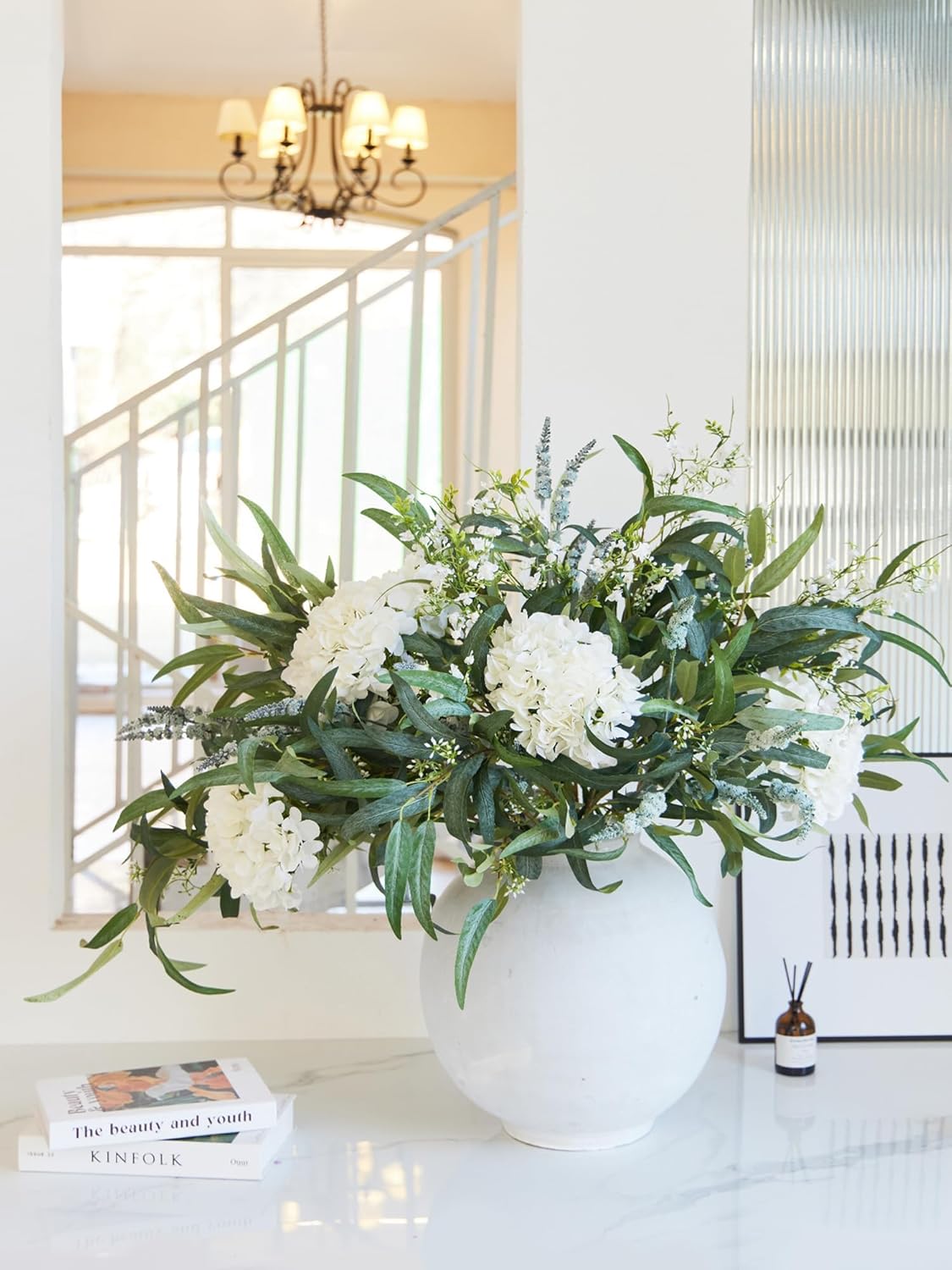 13 Pcs Kunstblumen, Hortensien Kunstblumen, Künstliche Eukalyptusblätter, Kunstblumen Wie Echt, Deko Wohnzimmer, Frühlingsdeko, Hochzeit Deko, Tischdeko, Deko Wohnzimmer Modern