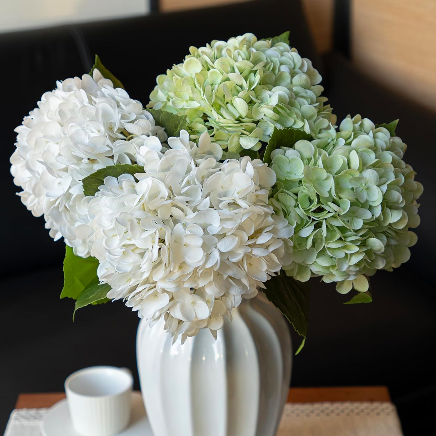 Set of 3 Large 56 cm Realistic Artificial Hydrangeas - Premium Touch Faux Flowers for Weddings, Christmas, Office, Family Gatherings, and Living Room Table Decorations (Light Green)