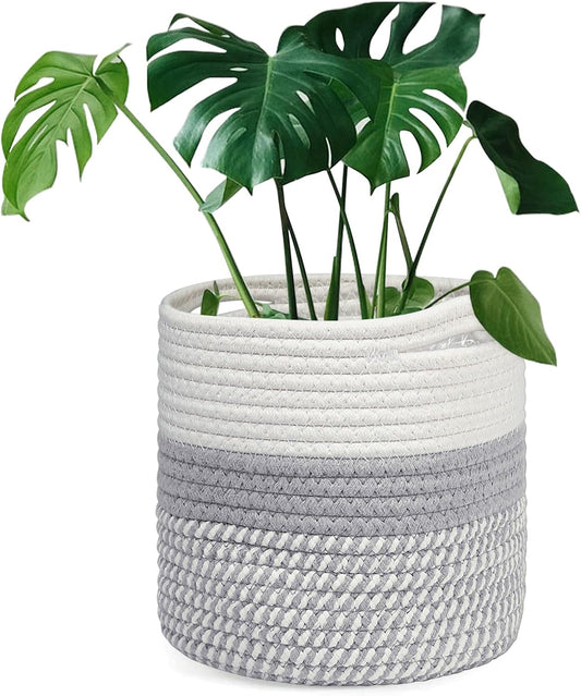 20 cm Indoor-Pflanzentopf mit Einsatz, Baumwollgewebter Aufbewahrungskorb für Zimmerpflanzen, Wäsche-Organizer und Heimdekoration (Weiß und Grau)
