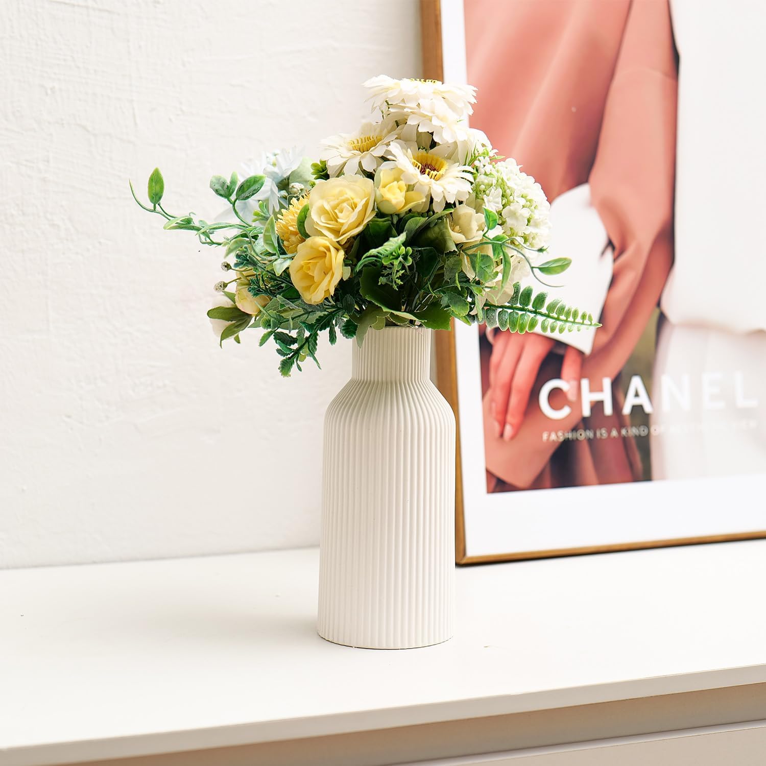 Keramikvase für Pampasgras, 20 cm, Matt Weiß, Rundes Modernes Design, Boho-Dekoration für Wohn- und Schlafzimmer im Nordic Stil