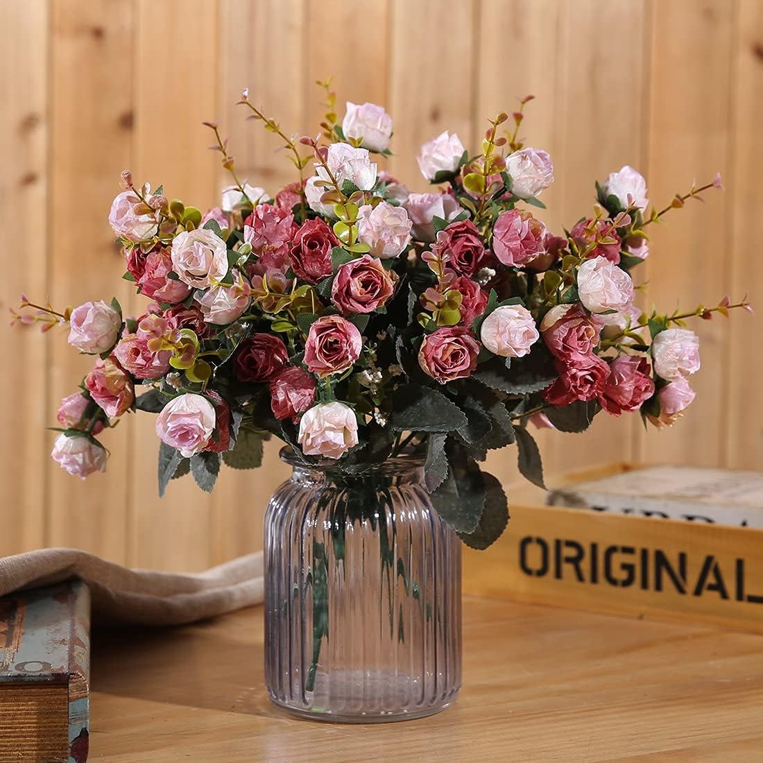Doolitt Künstliche Rosen - 7 Zweige mit 21 realistisch aussehenden Kunstblumen für Hochzeiten und Heimdekoration (2 Stück in Pink)