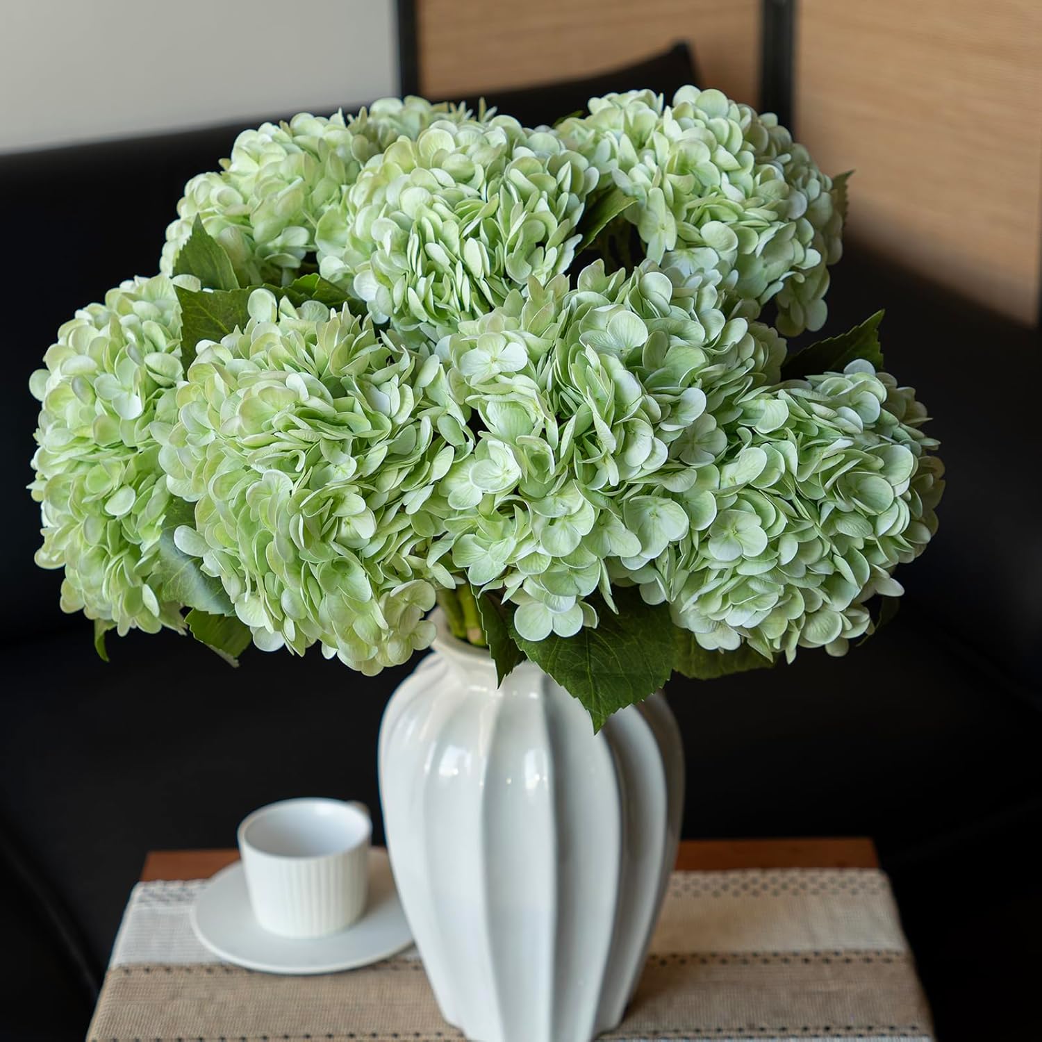 Set of 3 Large 56 cm Realistic Artificial Hydrangeas - Premium Touch Faux Flowers for Weddings, Christmas, Office, Family Gatherings, and Living Room Table Decorations (Light Green)