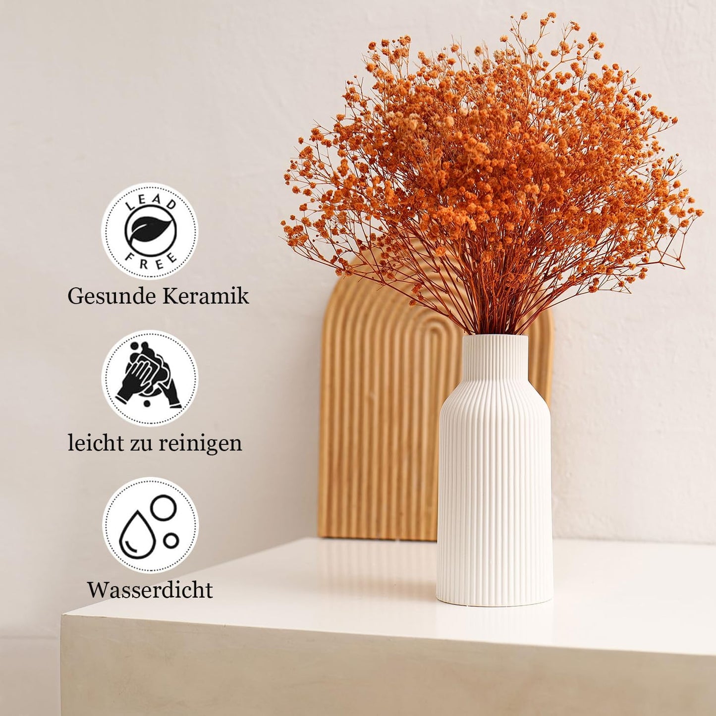 Keramikvase für Pampasgras, 20 cm, Matt Weiß, Rundes Modernes Design, Boho-Dekoration für Wohn- und Schlafzimmer im Nordic Stil