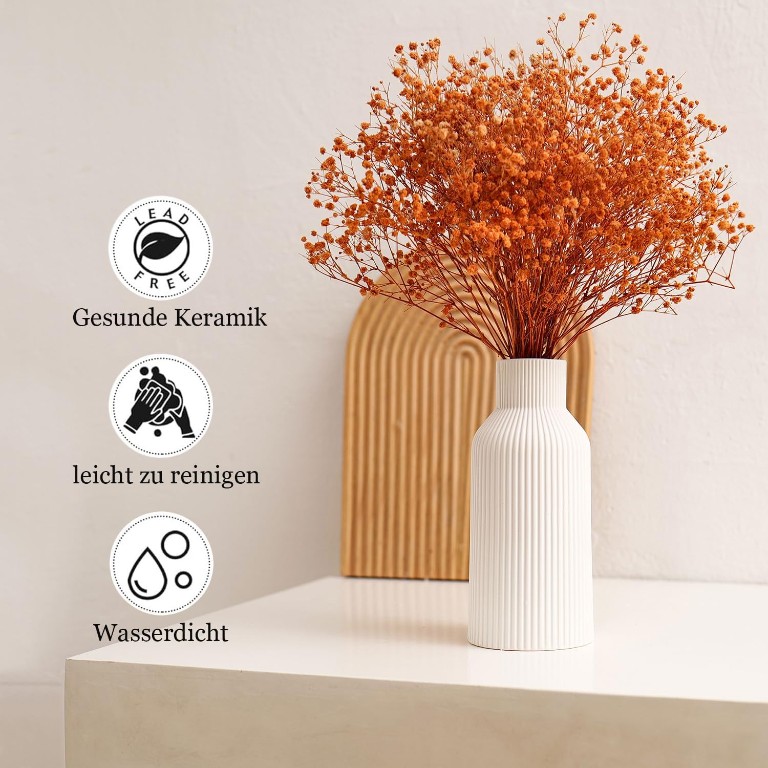 Keramikvase für Pampasgras, 20 cm, Matt Weiß, Rundes Modernes Design, Boho-Dekoration für Wohn- und Schlafzimmer im Nordic Stil